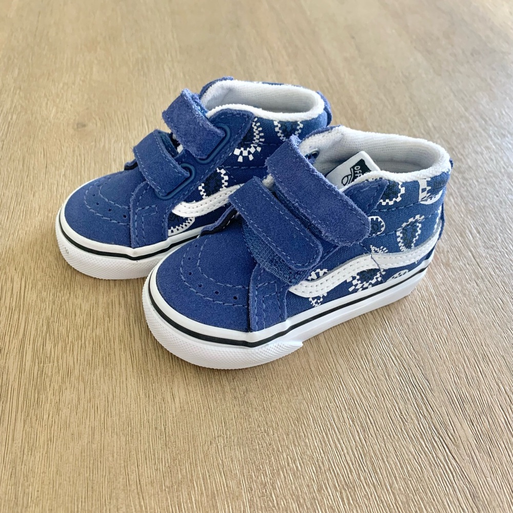 Vans Blue and White High-Top Sneakers with Velcro Closure